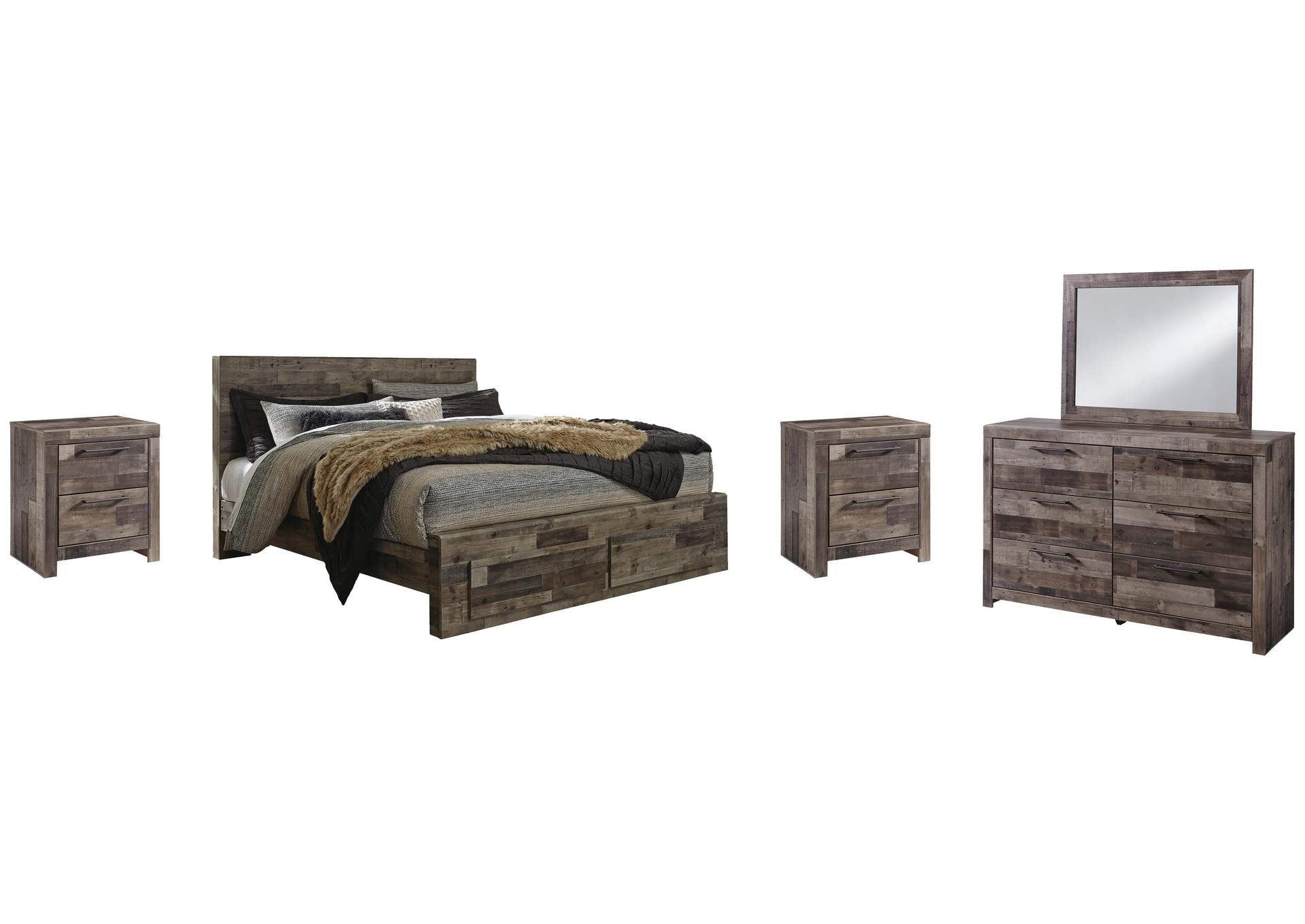 Derekson King Panel Bed with 2 Storage Drawers with Mirrored Dresser and 2 Nightstands