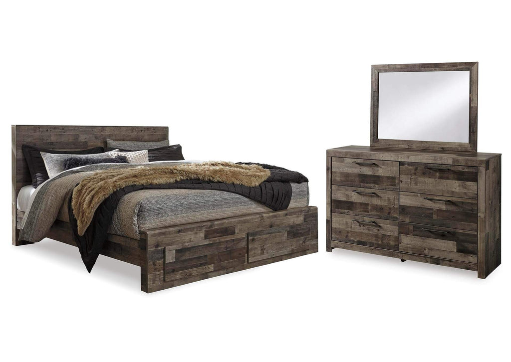 Derekson King Panel Bed with 2 Storage Drawers with Mirrored Dresser