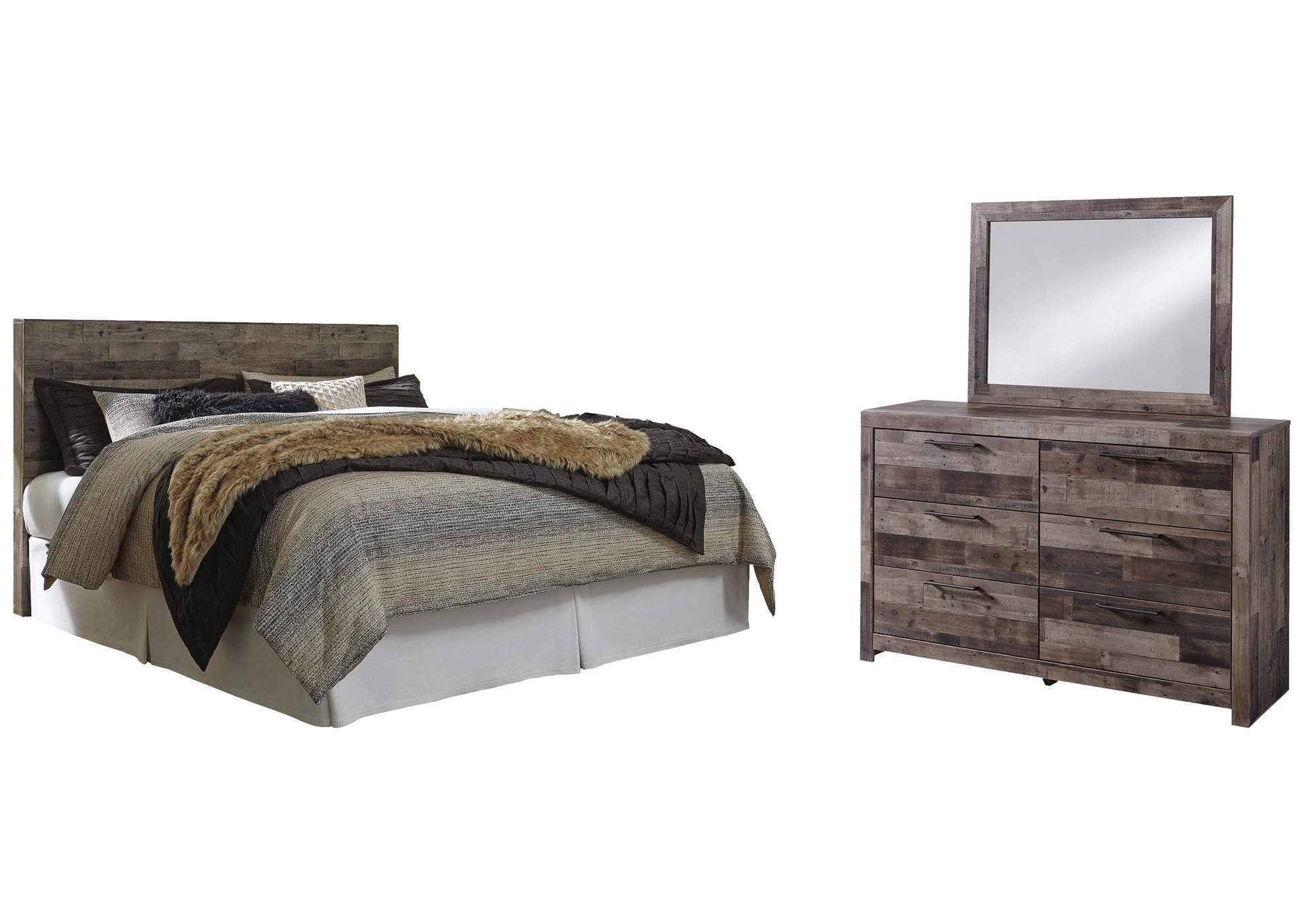 Derekson King Panel Headboard Bed with Mirrored Dresser