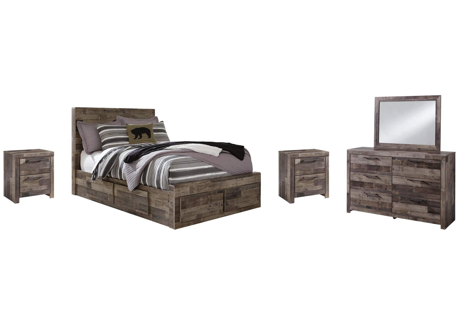 Derekson Full Panel Bed with 6 Storage Drawers with Mirrored Dresser and 2 Nightstands