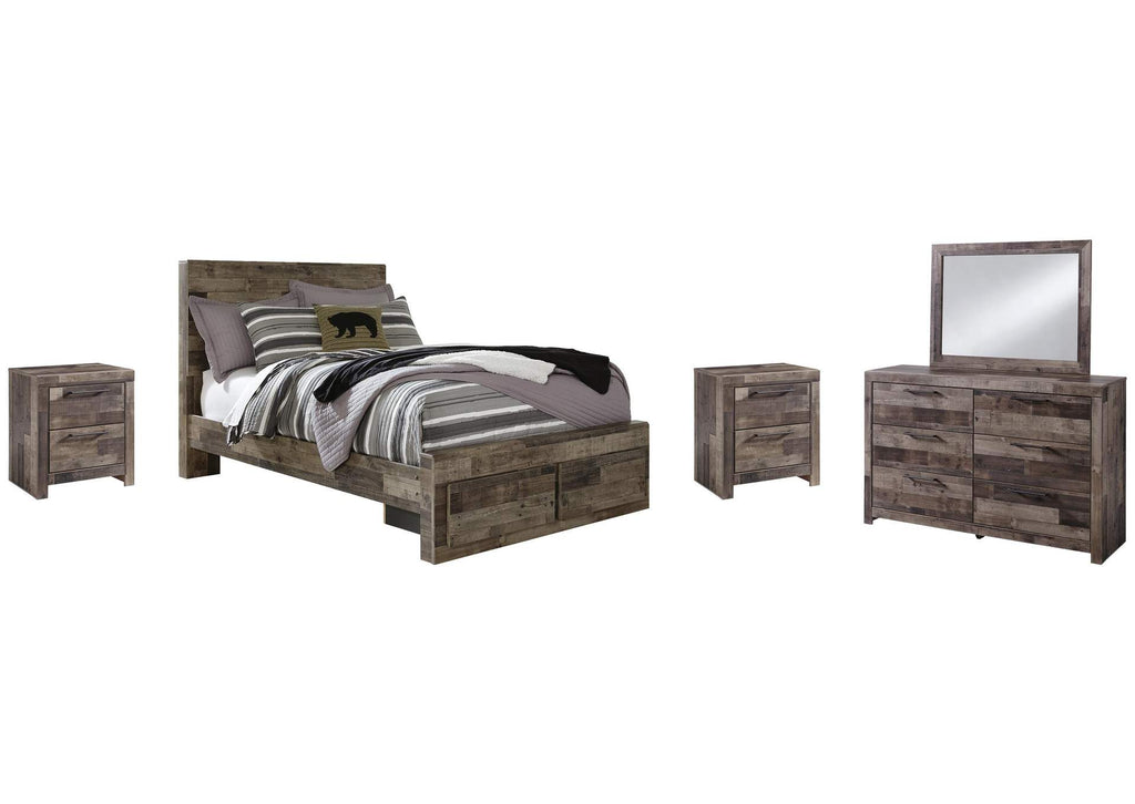 Derekson Full Panel Bed with 2 Storage Drawers with Mirrored Dresser and 2 Nightstands