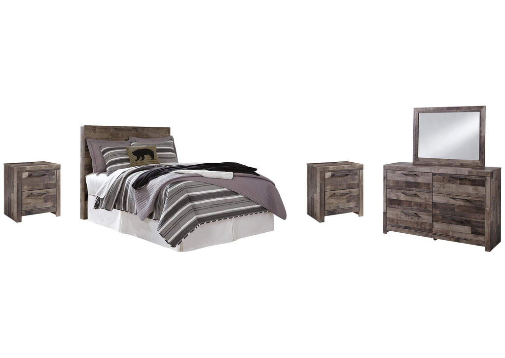 Derekson Full Panel Headboard Bed with Mirrored Dresser and 2 Nightstands