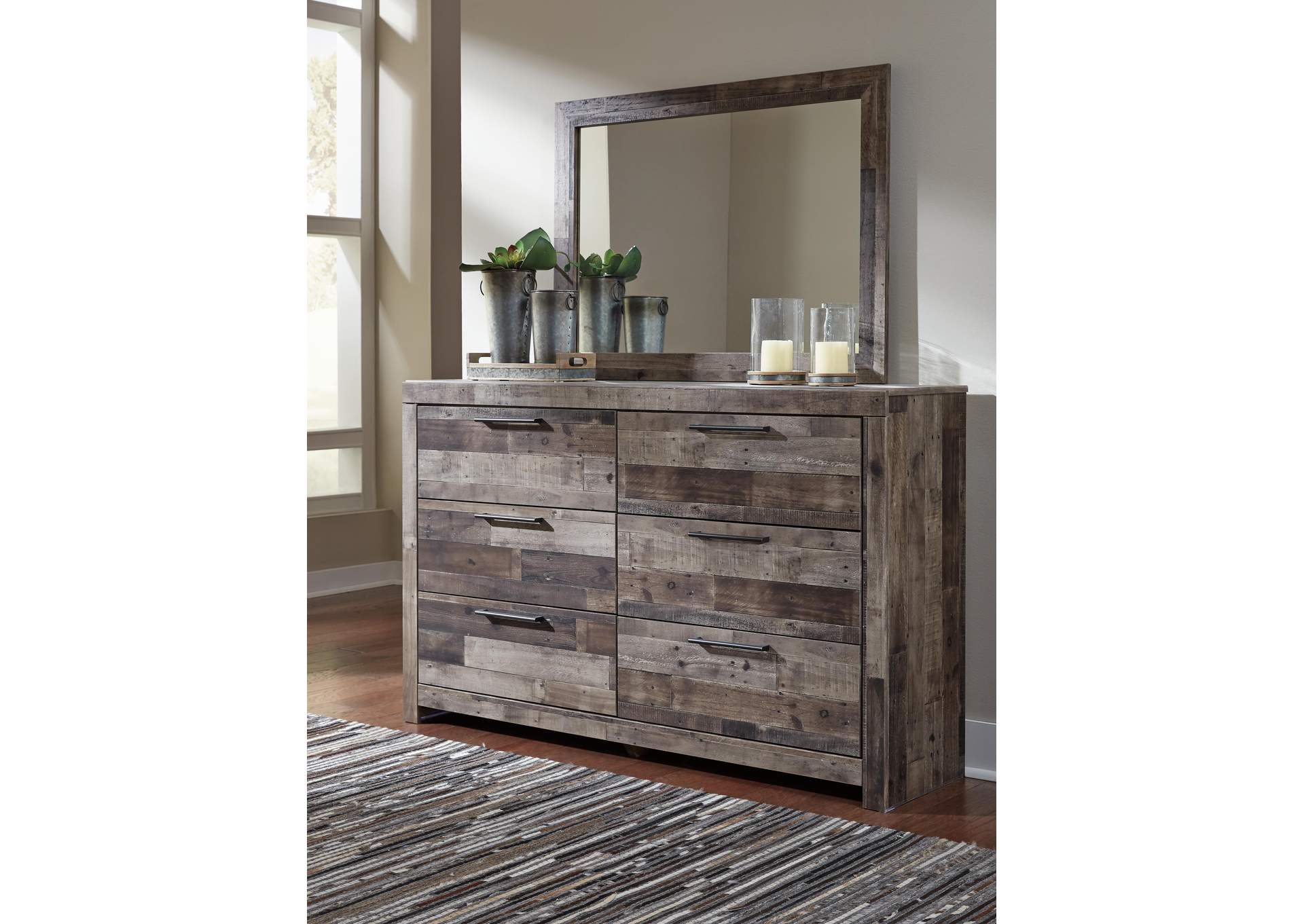 Derekson Queen Panel Bed with 6 Storage Drawers with Mirrored Dresser and 2 Nightstands