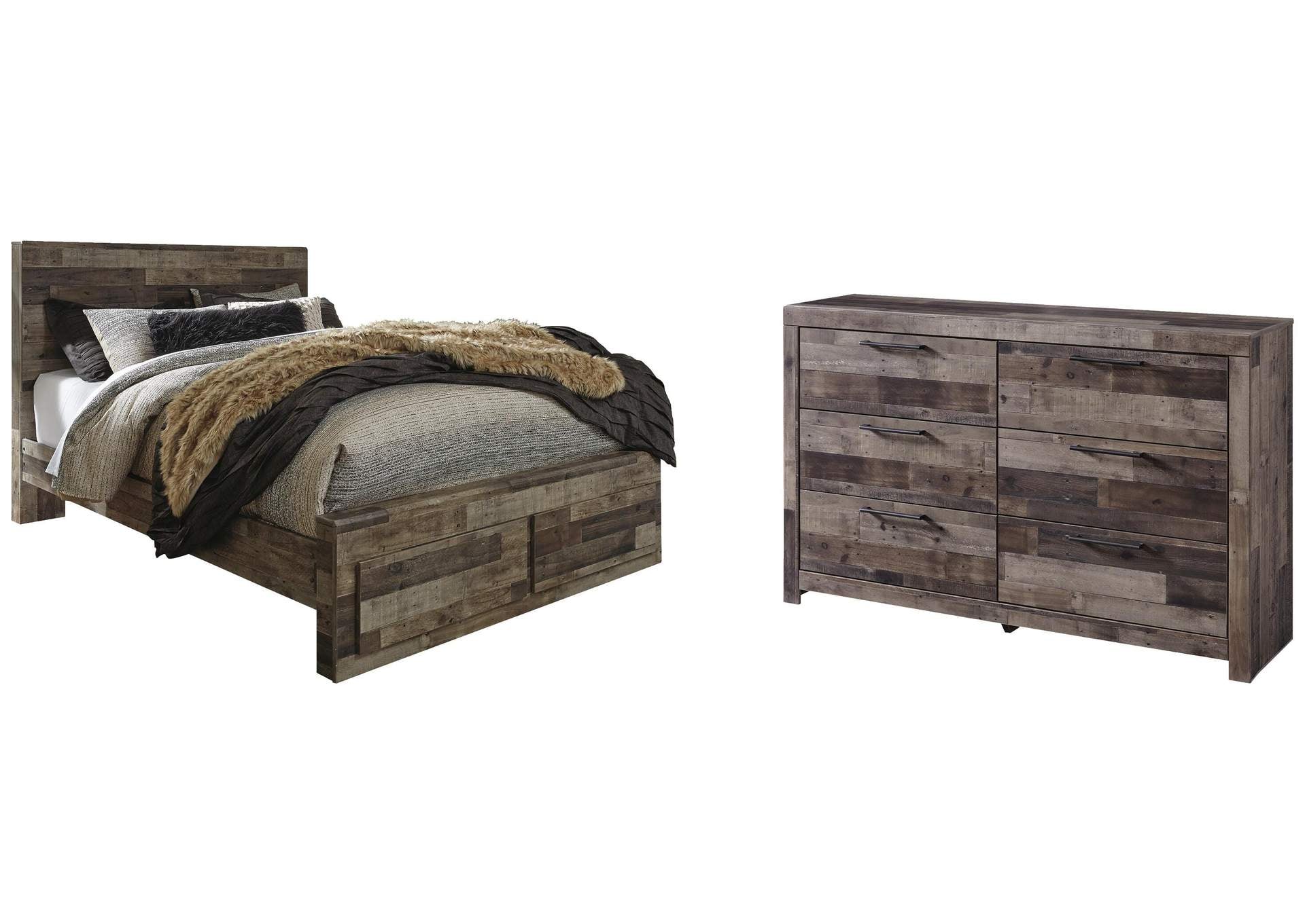 Derekson Queen Panel Bed with 2 Storage Drawers with Dresser