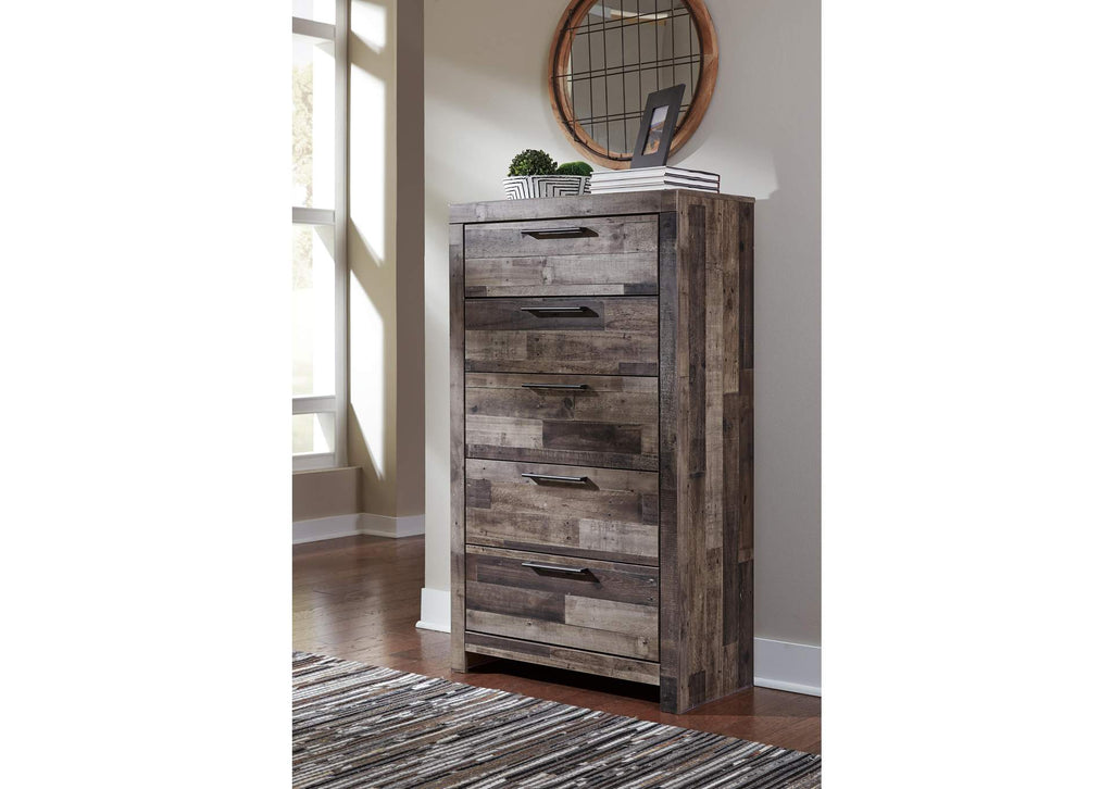 Derekson Queen Panel Bed with 6 Storage Drawers with Mirrored Dresser and Chest