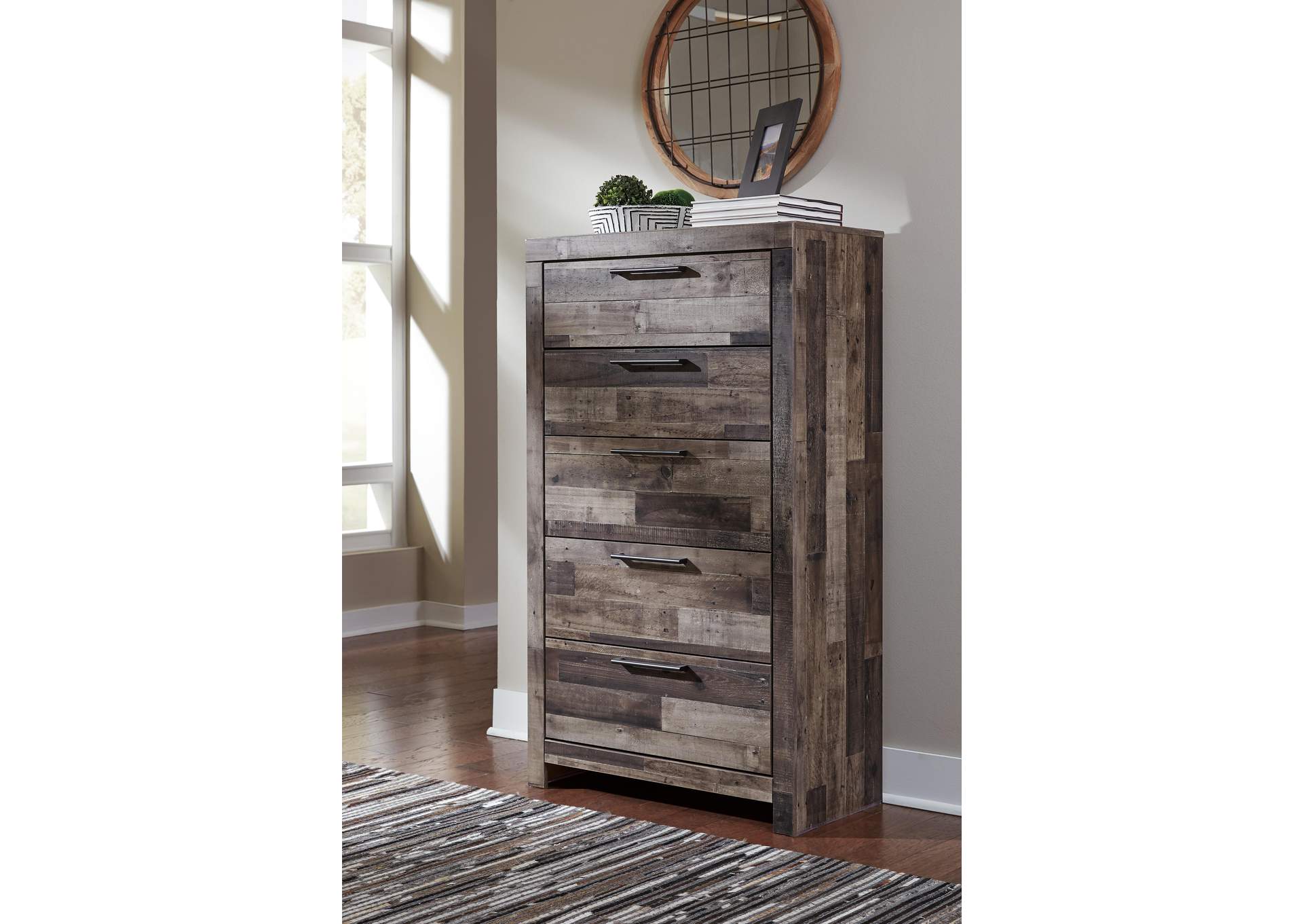 Derekson Queen Panel Bed with 6 Storage Drawers with Mirrored Dresser and Chest