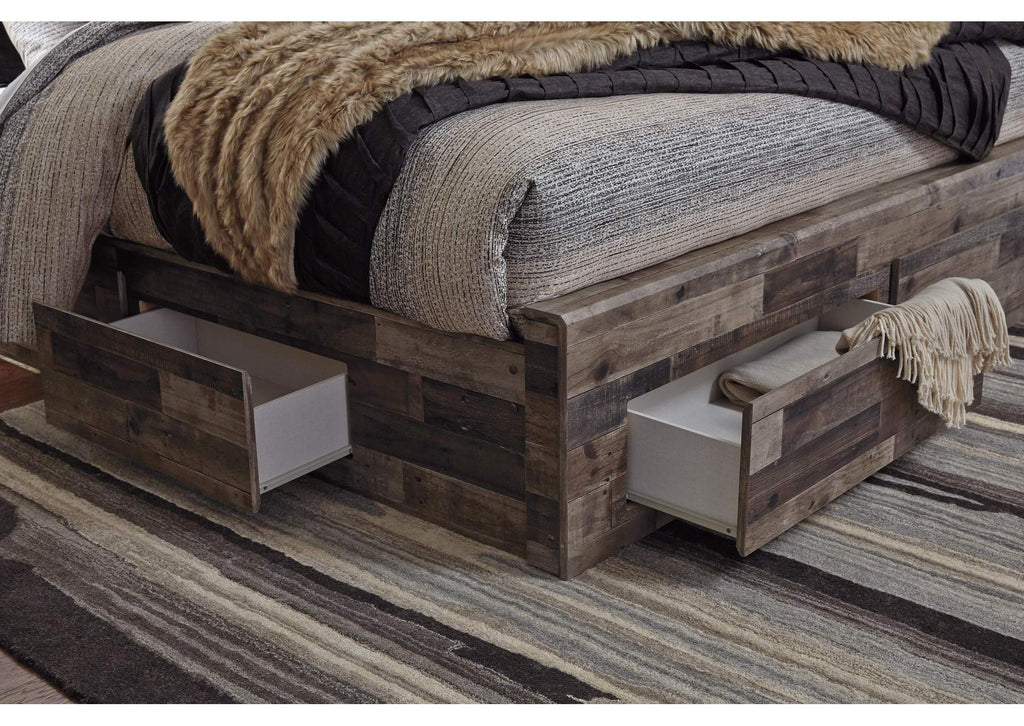 Derekson Queen Panel Bed with 6 Storage Drawers with Mirrored Dresser, Chest and Nightstand