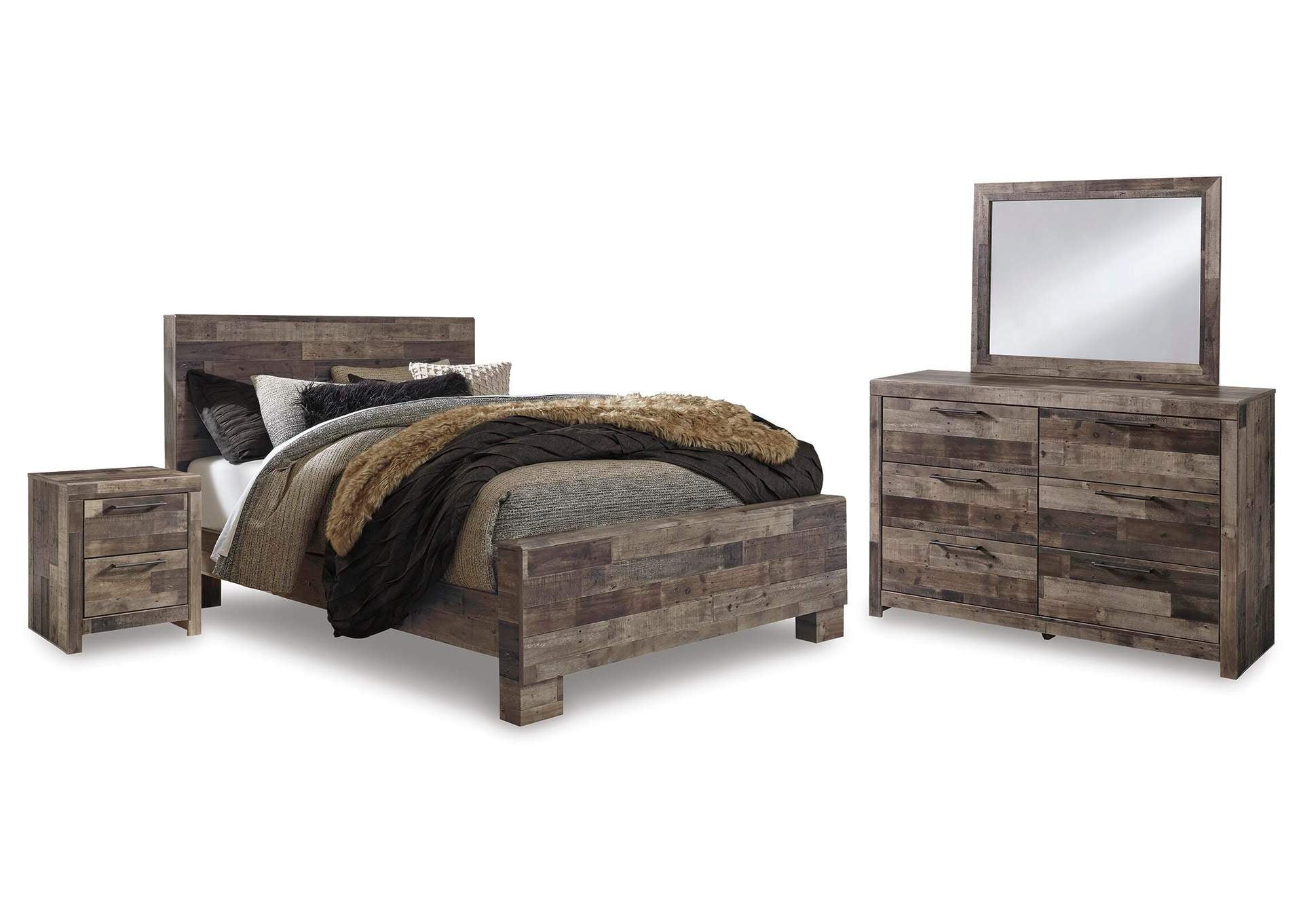 Derekson Queen Panel Bed with Mirrored Dresser and Nightstand