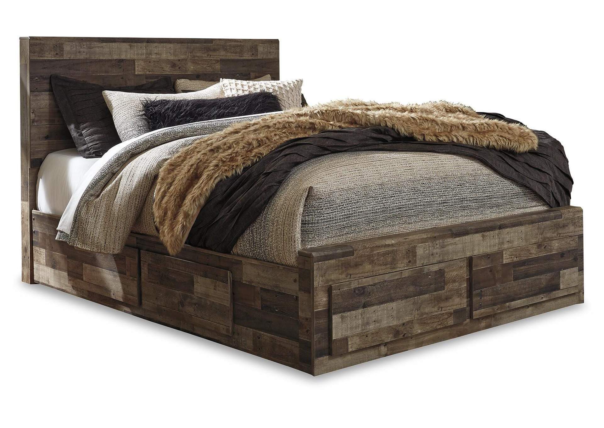 Derekson Queen Panel Bed with 4 Storage Drawers with Mirrored Dresser, Chest and 2 Nightstands