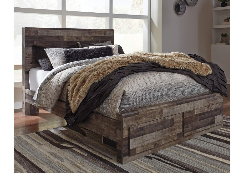 Derekson Queen Panel Bed with 2 Storage Drawers with Mirrored Dresser, Chest and Nightstand room view