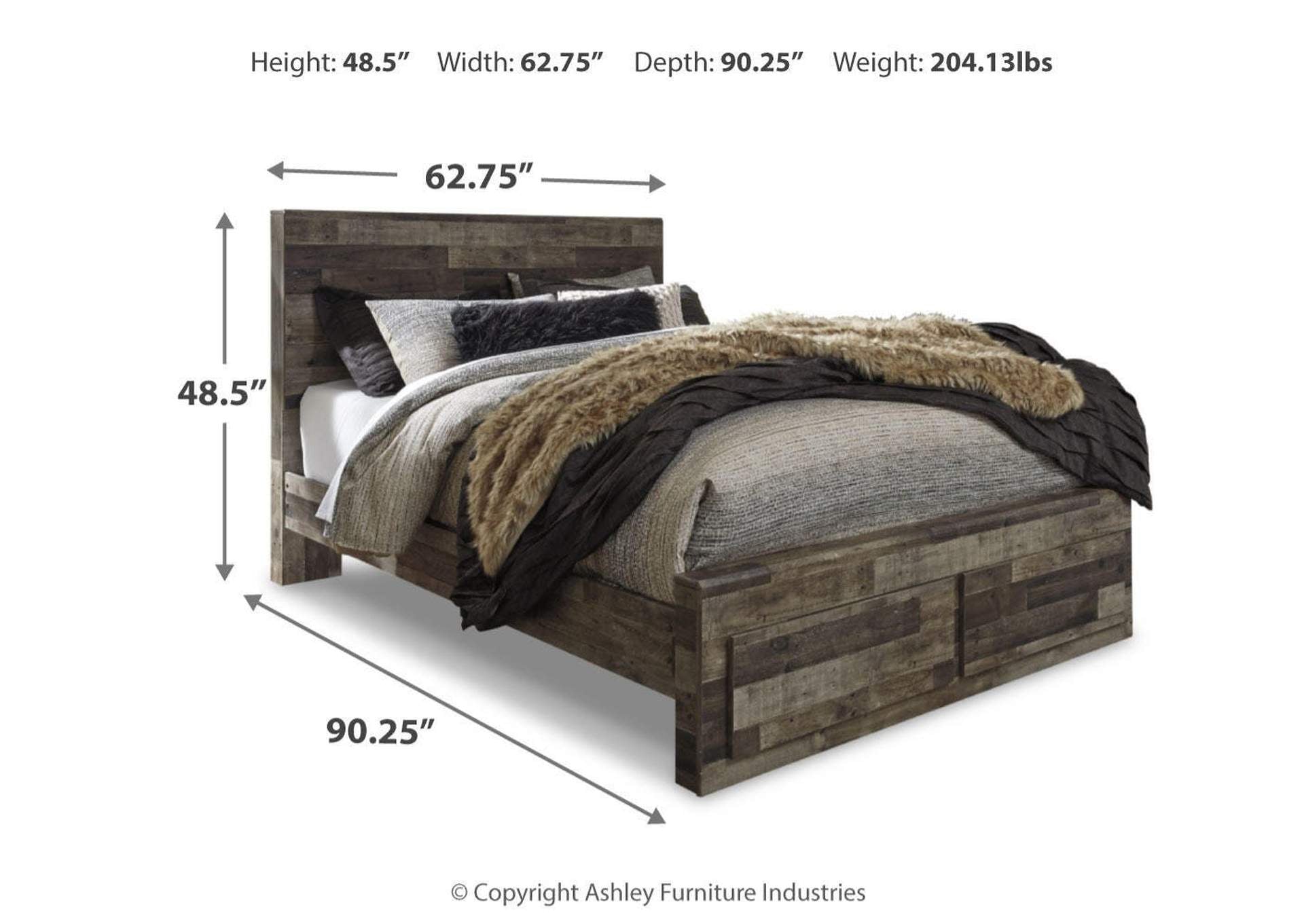 Derekson Queen Panel Bed with 2 Storage Drawers with Mirrored Dresser and Nightstand dimensions