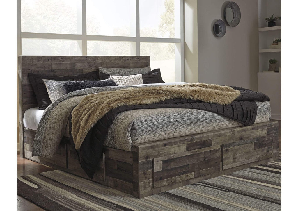 Derekson King Panel Bed with 6 Storage Drawers with Mirrored Dresser, Chest and 2 Nightstands room view