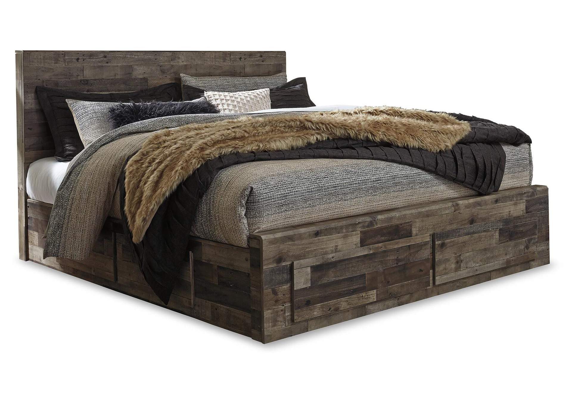 Derekson King Panel Bed with 4 Storage Drawers with Mirrored Dresser, Chest and 2 Nightstands