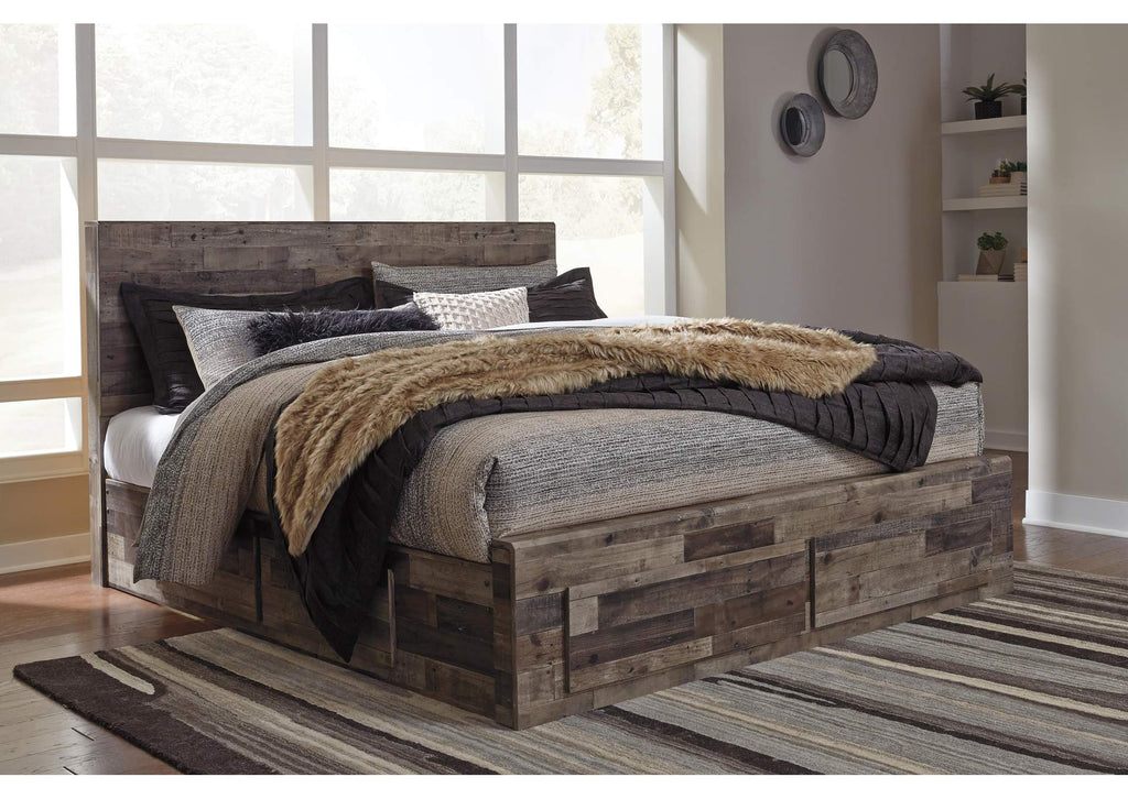 Derekson King Panel Bed with 4 Storage Drawers with Mirrored Dresser