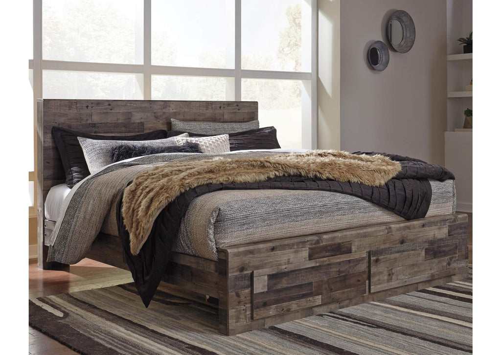 Derekson King Panel Bed with 2 Storage Drawers with Mirrored Dresser and Chest room view
