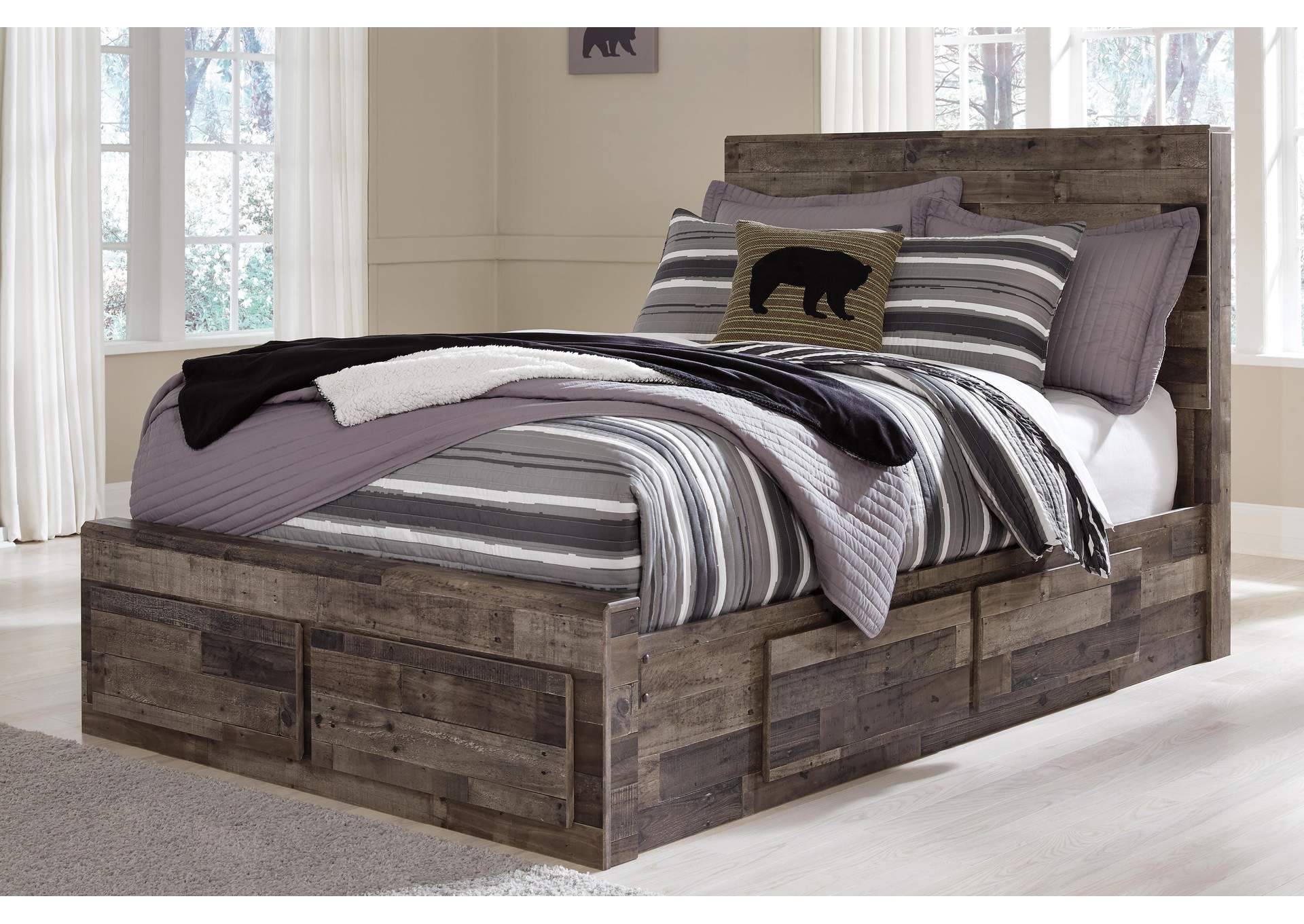 Derekson Full Panel Bed with 6 Storage Drawers with Mirrored Dresser and 2 Nightstands