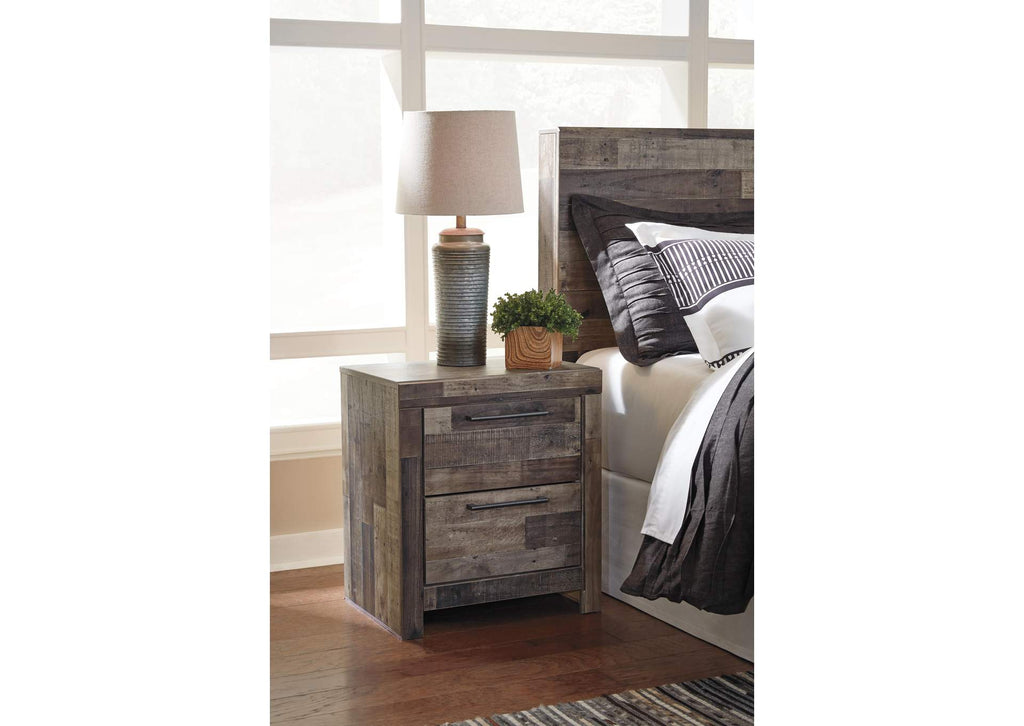 Derekson Queen Panel Bed with 6 Storage Drawers with Mirrored Dresser and 2 Nightstands
