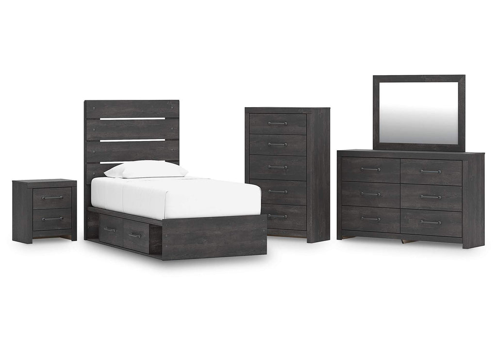 Delmorta Twin Panel Bed with Storage, Dresser, Mirror, Chest and Nightstand