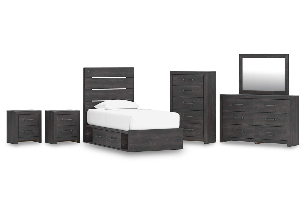 Delmorta Twin Panel Bed with Storage, Dresser, Mirror, Chest and 2 Nightstands
