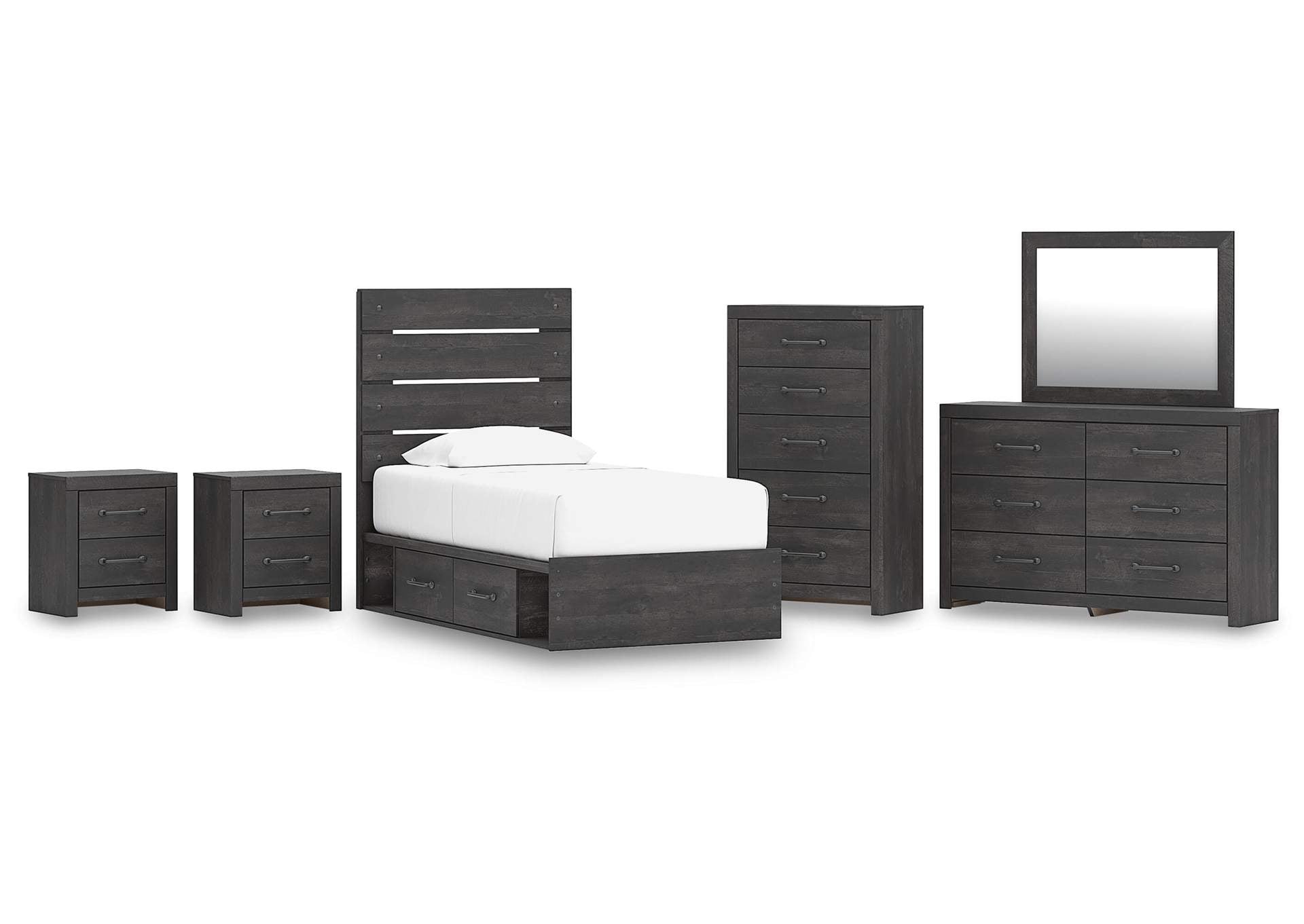 Delmorta Twin Panel Bed with Storage, Dresser, Mirror, Chest and 2 Nightstands
