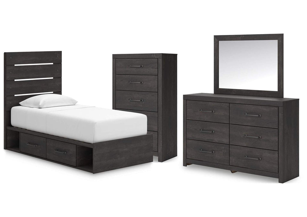 Delmorta Twin Panel Bed with Storage, Dresser, Mirror and Chest