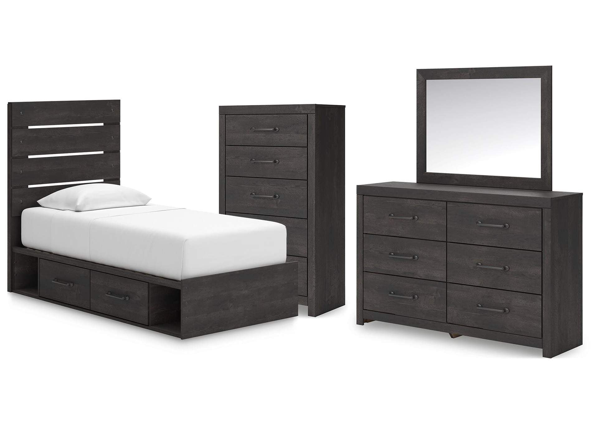Delmorta Twin Panel Bed with Storage, Dresser, Mirror and Chest