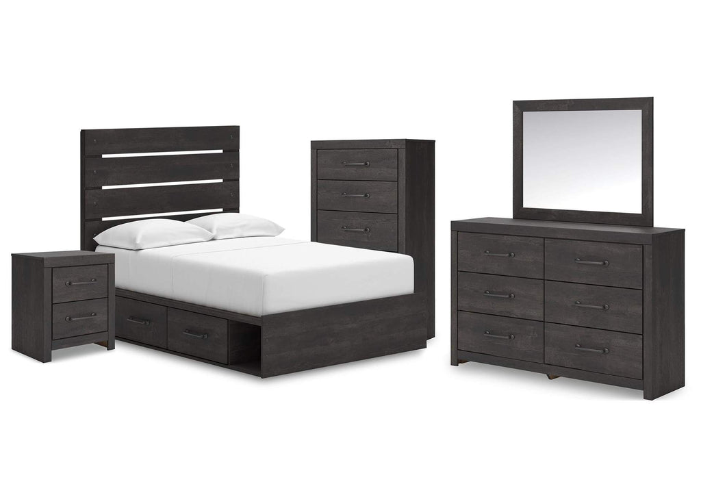 Delmorta Full Panel Bed with Storage, Dresser, Mirror, Chest and Nightstand
