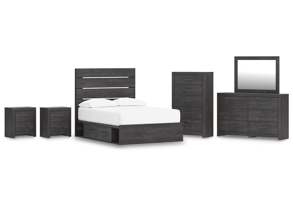 Delmorta Full Panel Bed with Storage, Dresser, Mirror, Chest and 2 Nightstands