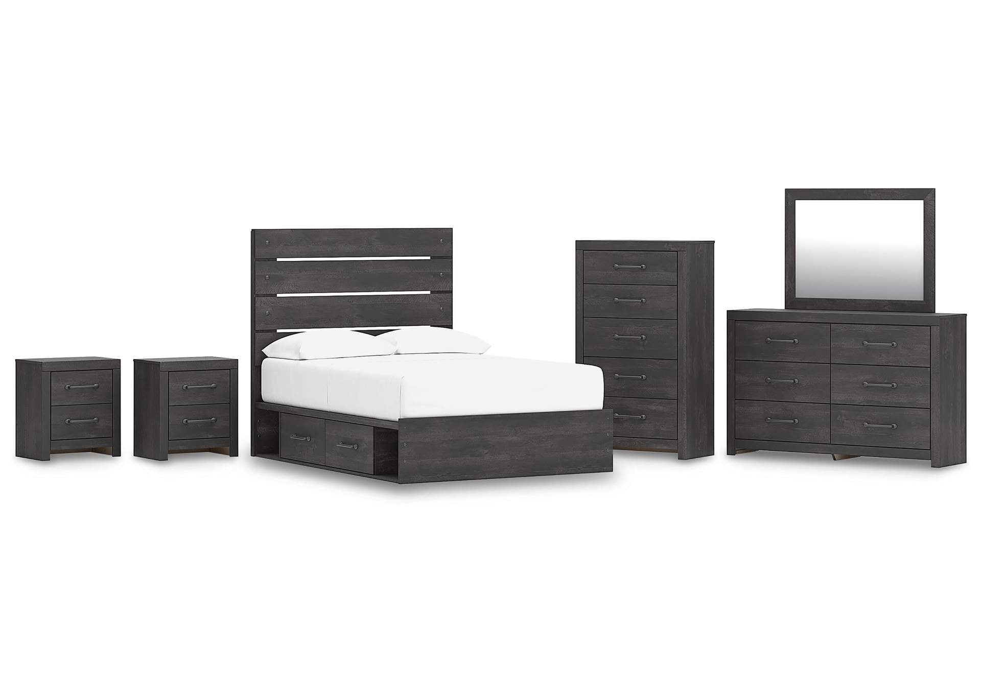 Delmorta Full Panel Bed with Storage, Dresser, Mirror, Chest and 2 Nightstands