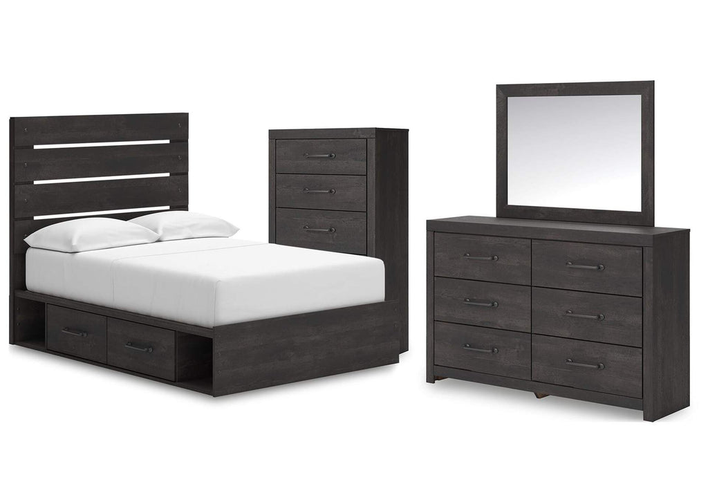 Delmorta Full Panel Bed with Storage, Dresser, Mirror and Chest