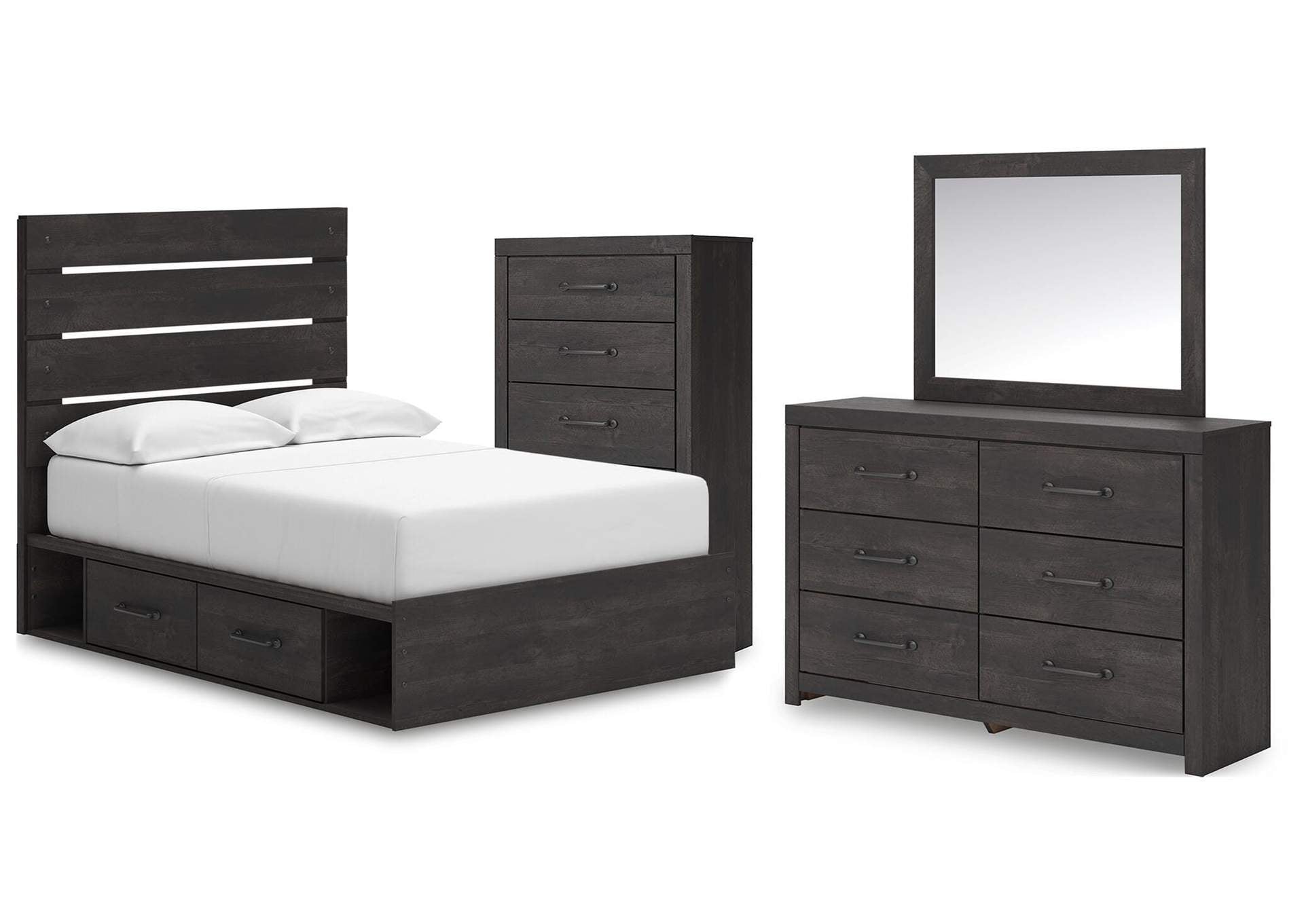 Delmorta Full Panel Bed with Storage, Dresser, Mirror and Chest