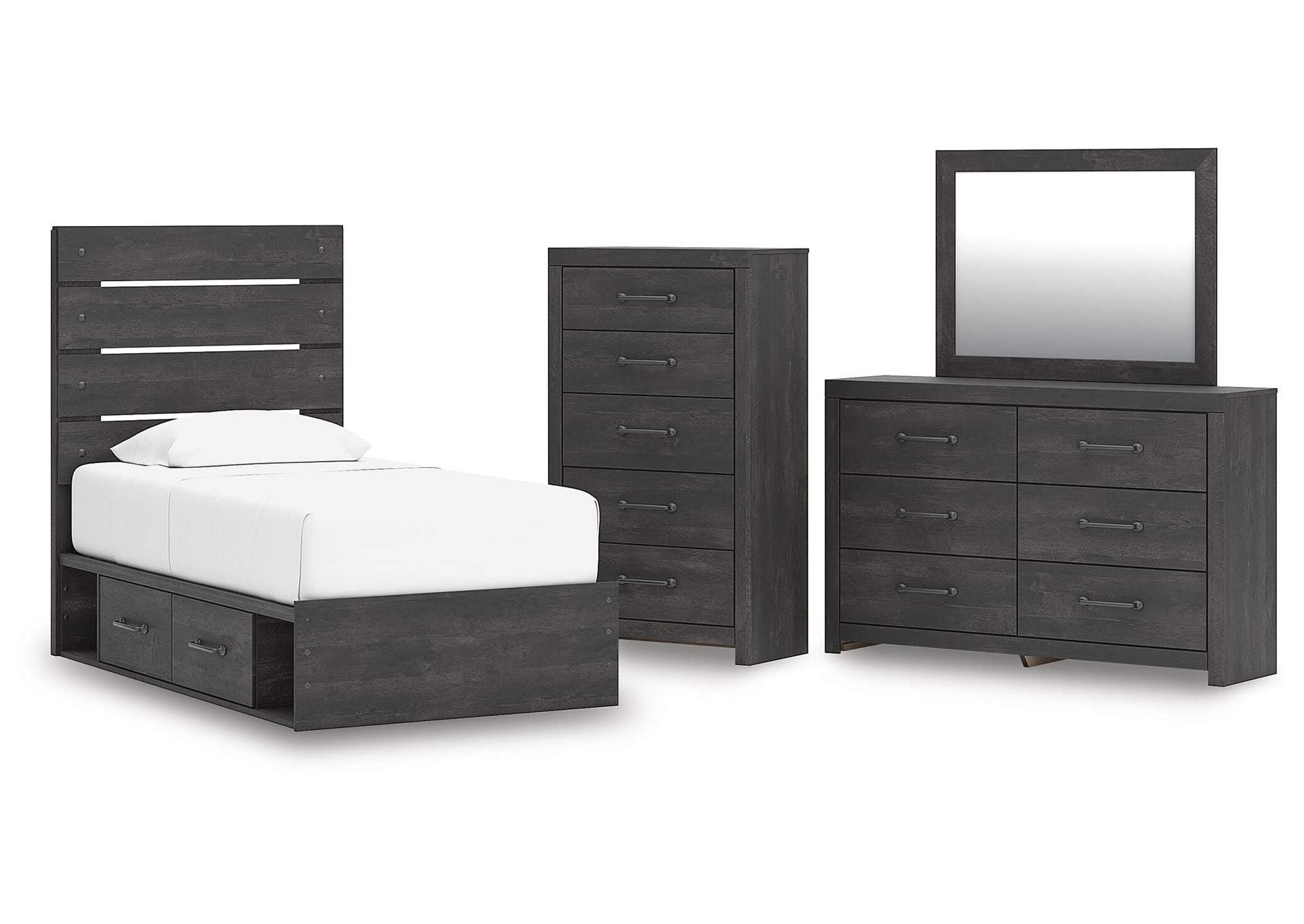 Delmorta Twin Panel Storage Bed, Dresser, Mirror and Chest