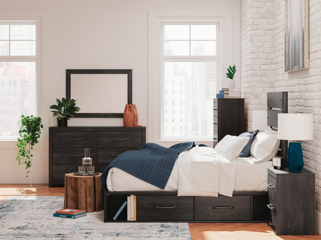 Hollivern Twin Panel Bed with Storage in Dark Gray, lifestyle view