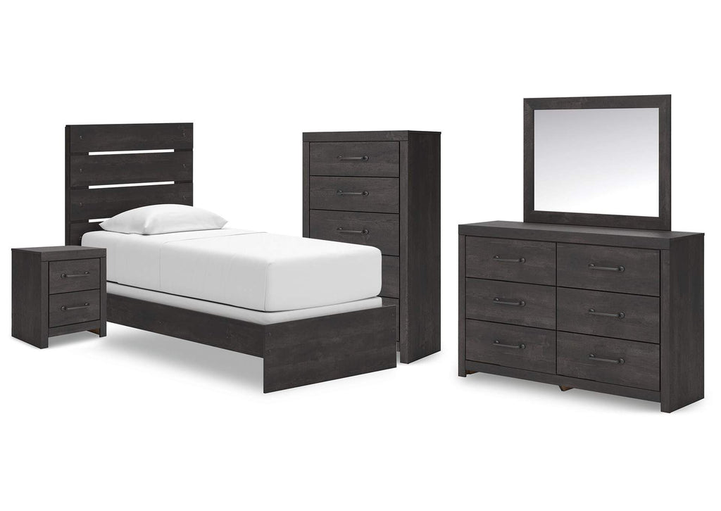 Delmorta Twin Panel Bed, Dresser, Mirror, Chest and Nightstand
