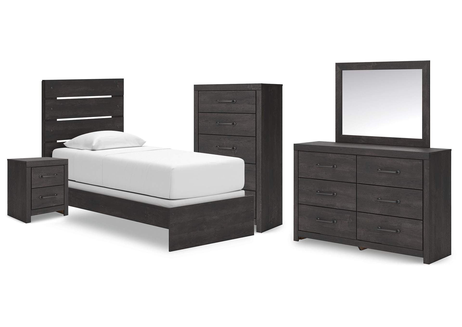 Delmorta Twin Panel Bed, Dresser, Mirror, Chest and Nightstand