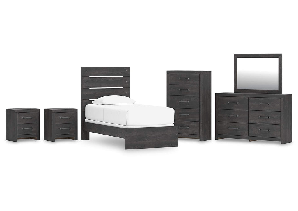 Delmorta Twin Panel Bed, Dresser, Mirror, Chest and 2 Nightstands