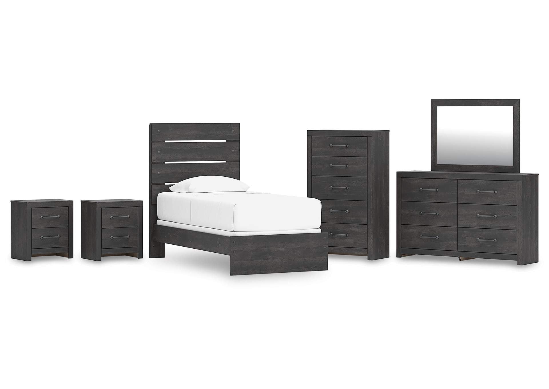 Delmorta Twin Panel Bed, Dresser, Mirror, Chest and 2 Nightstands