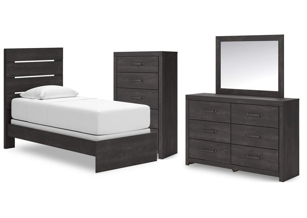 Delmorta Twin Panel Bed, Dresser, Mirror and Chest