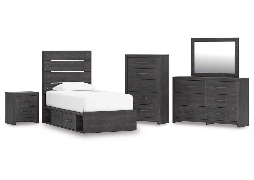 Delmorta Twin Panel Storage Bed, Dresser, Mirror, Chest and Nightstand