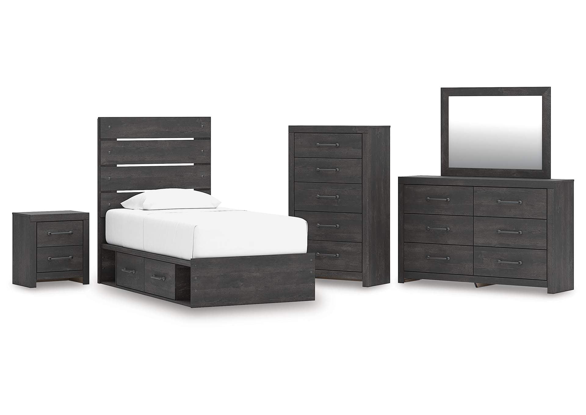 Delmorta Twin Panel Storage Bed, Dresser, Mirror, Chest and Nightstand