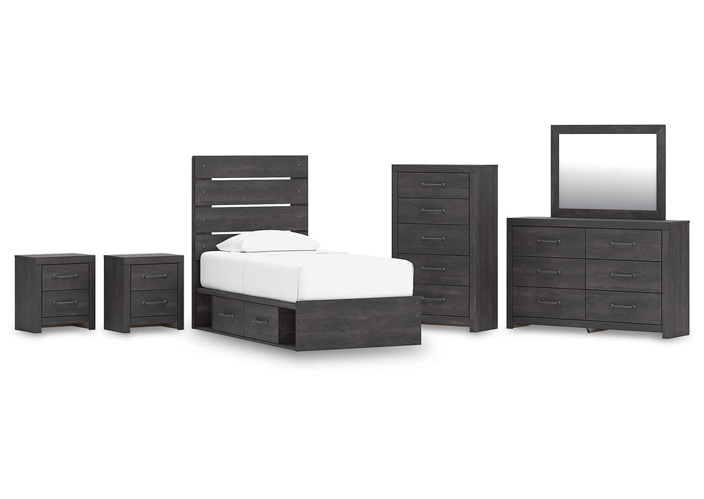Delmorta Twin Panel Storage Bed, Dresser, Mirror, Chest and 2 Nightstands