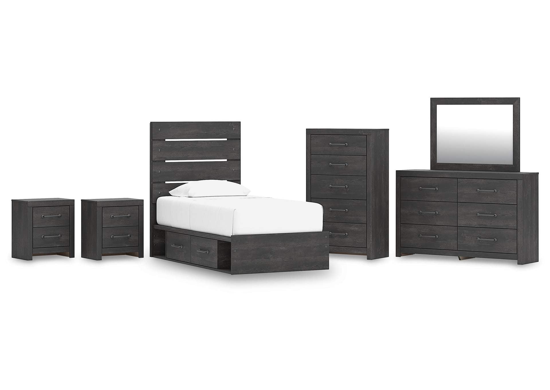 Delmorta Twin Panel Storage Bed, Dresser, Mirror, Chest and 2 Nightstands
