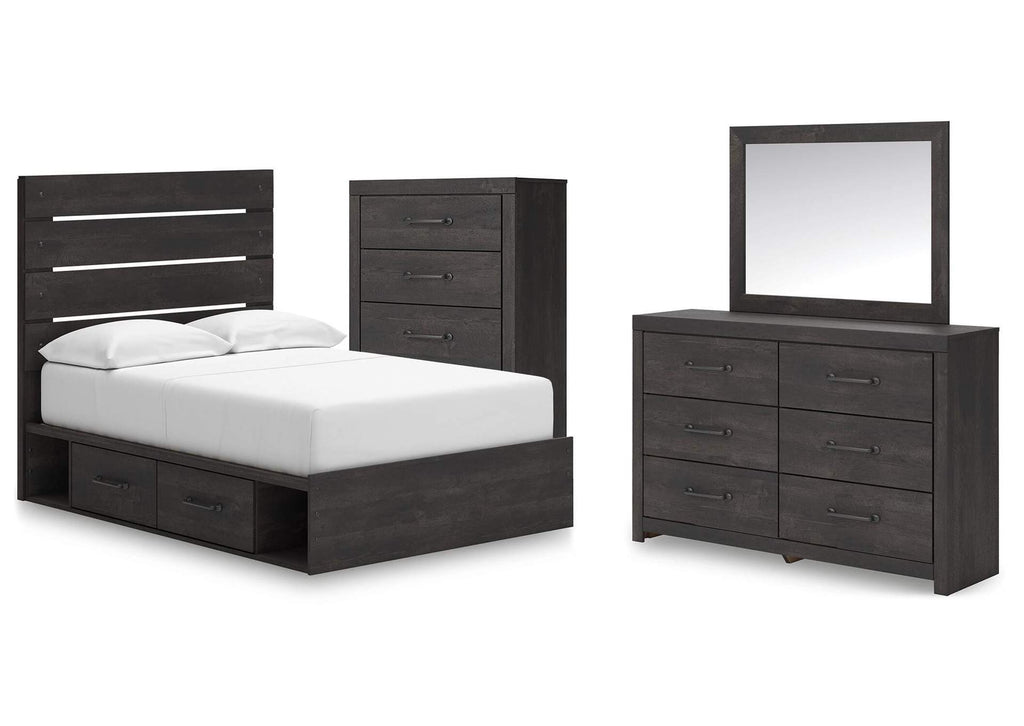 Delmorta Full Panel Storage Bed, Dresser, Mirror and Chest