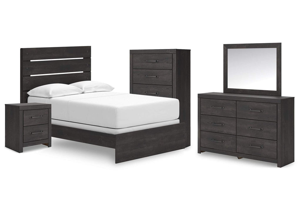 Delmorta Full Panel Bed, Dresser, Mirror, Chest and Nightstand
