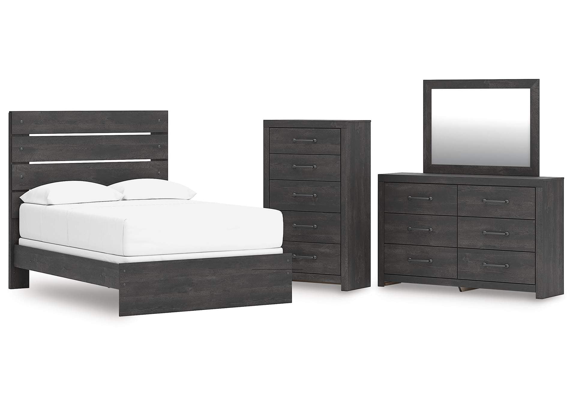 Delmorta Full Panel Bed, Dresser, Mirror and Chest