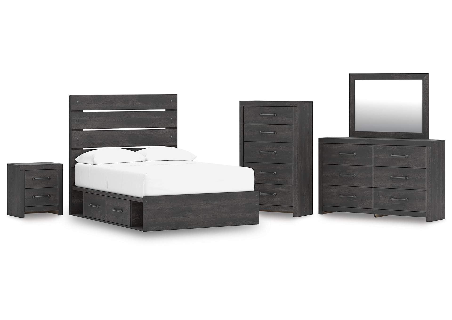 Delmorta Full Panel Storage Bed, Dresser, Mirror, Chest and Nightstand