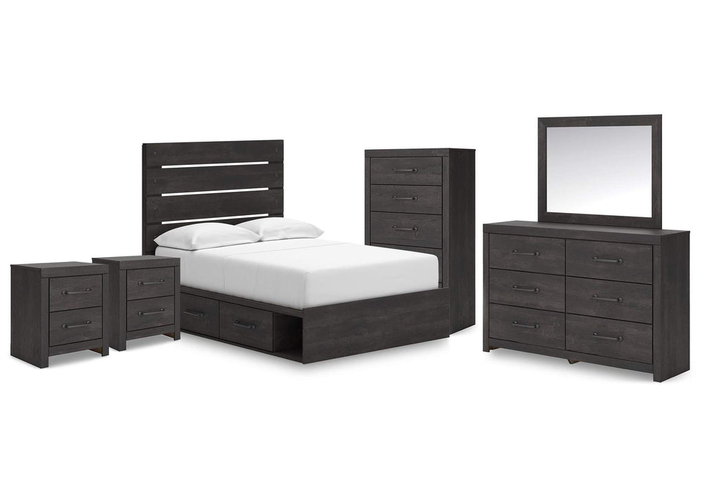 Delmorta Full Panel Storage Bed, Dresser, Mirror, Chest and 2 Nightstands