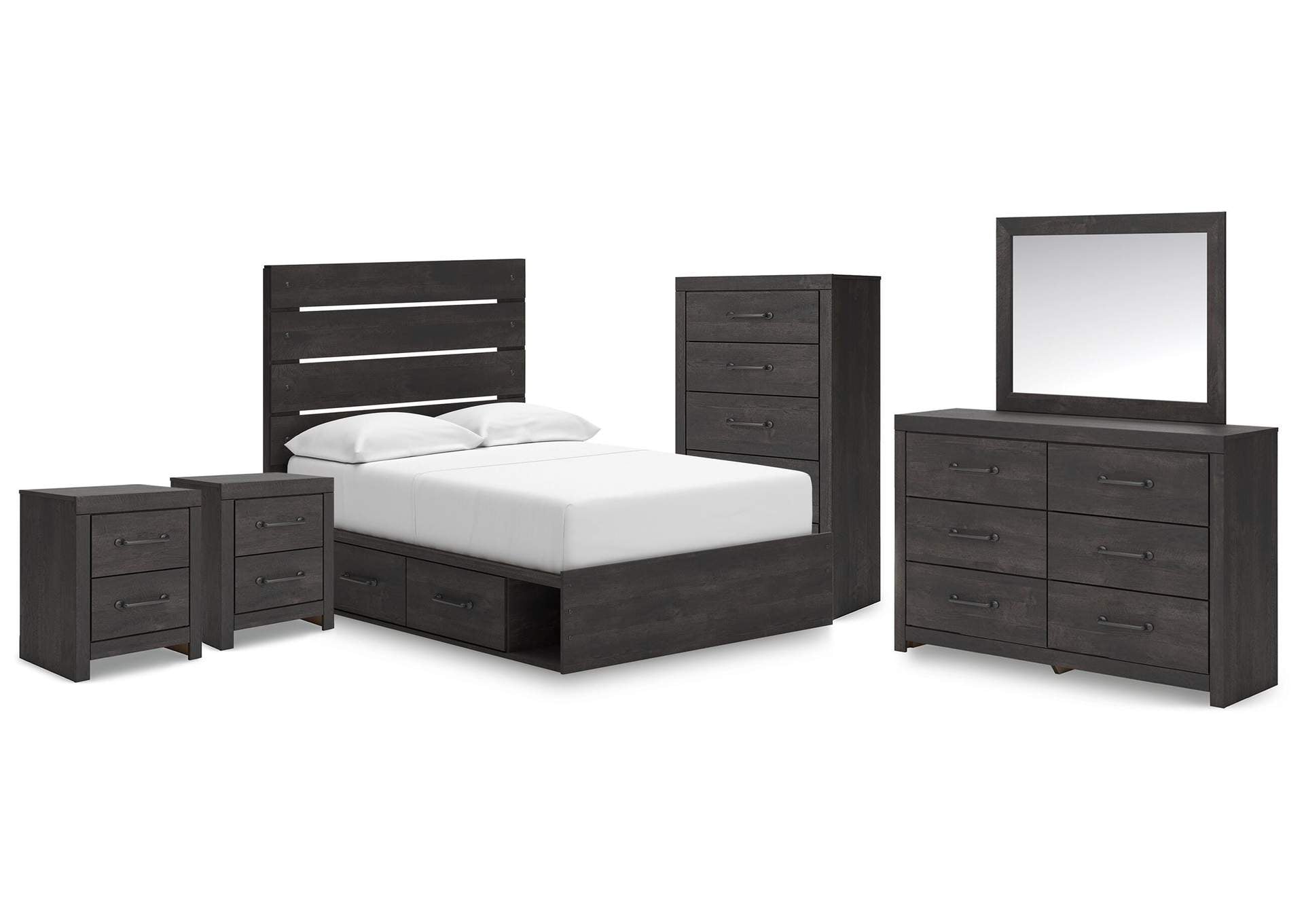 Delmorta Full Panel Storage Bed, Dresser, Mirror, Chest and 2 Nightstands