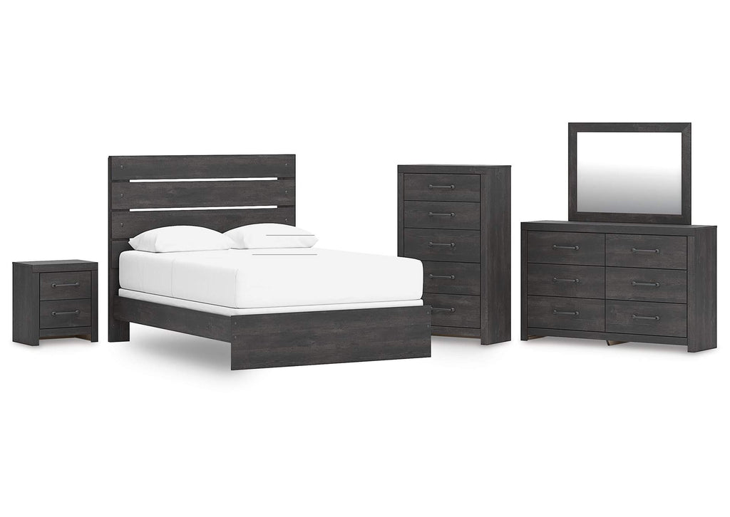 Delmorta Queen Panel Bed, Dresser, Mirror, Chest and Nightstand