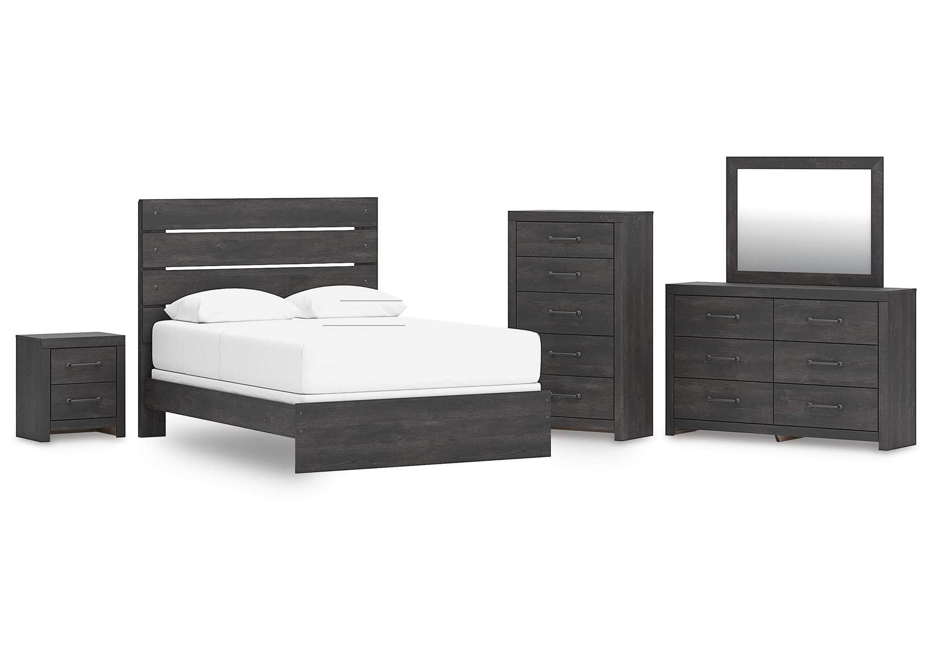 Delmorta Queen Panel Bed, Dresser, Mirror, Chest and Nightstand